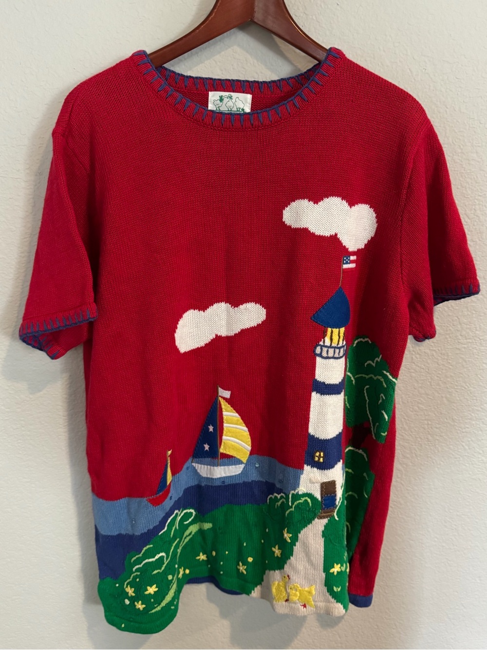 Quacker Factory Red Knit Top with Nautical Lighthouse & Sailboat Patriotic